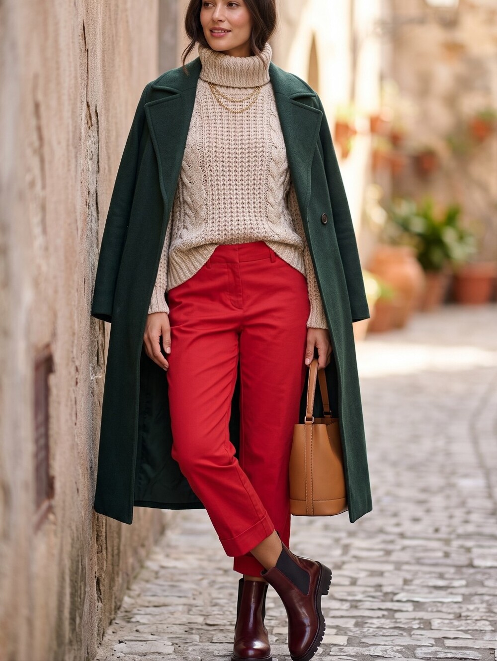 Vintage Pop Of Red Cuffed Cropped Trousers Office Petite Casual Minimalist
